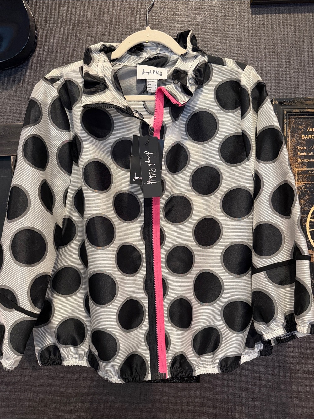 Joseph Ribkoff Black & White Polka Dot Jacket with Pink Zip
